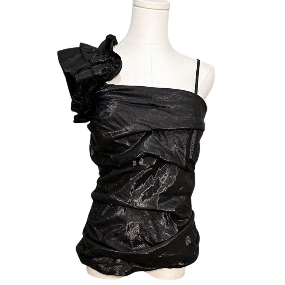 Myth Black Taffeta Ruffled One Shoulder Smocked Padded Ruched Blouse Large